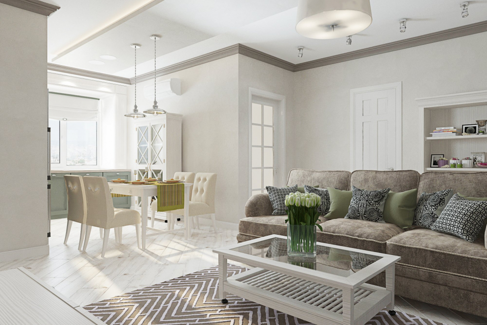 Кухня-гостиная в оливковом цвете