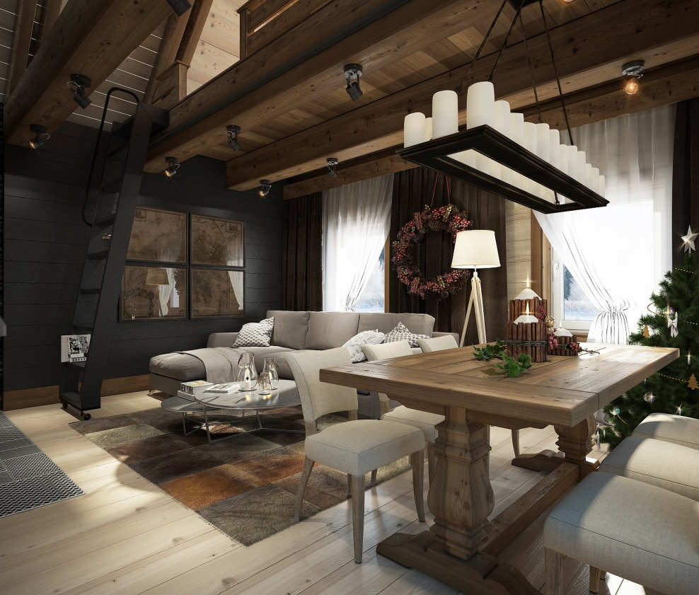 Интерьер кухни-гостиной в стиле Шале