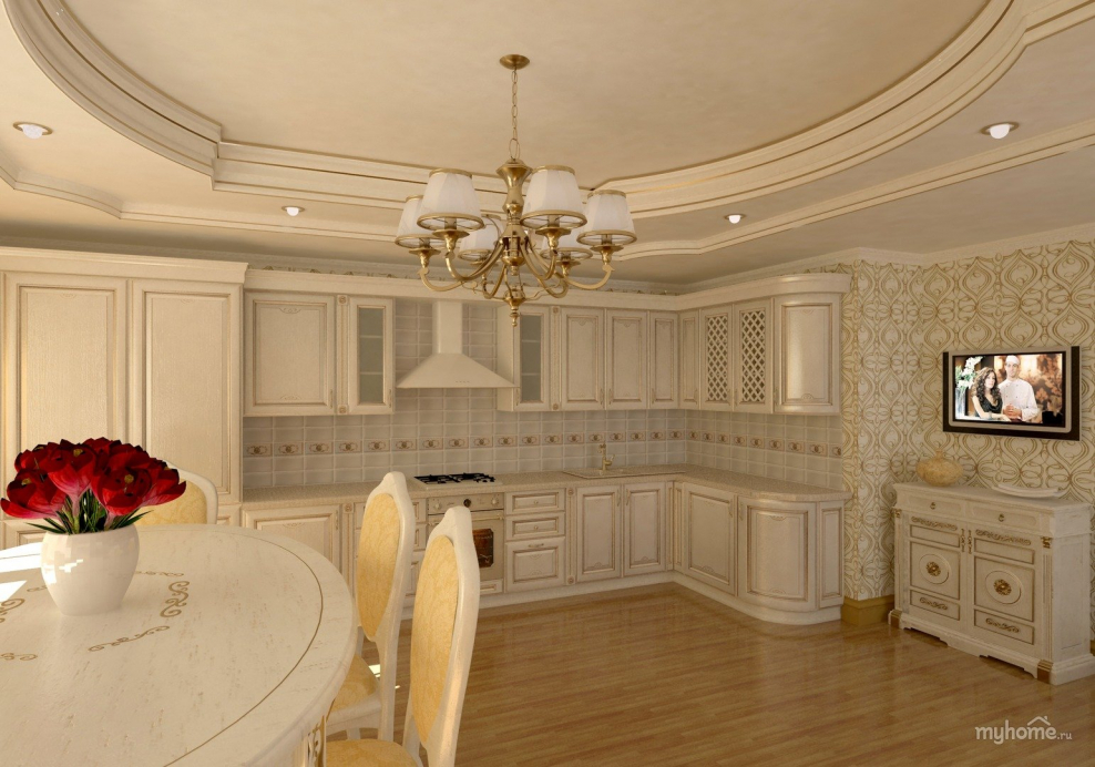 Столовая в классическом стиле в светлых тонах