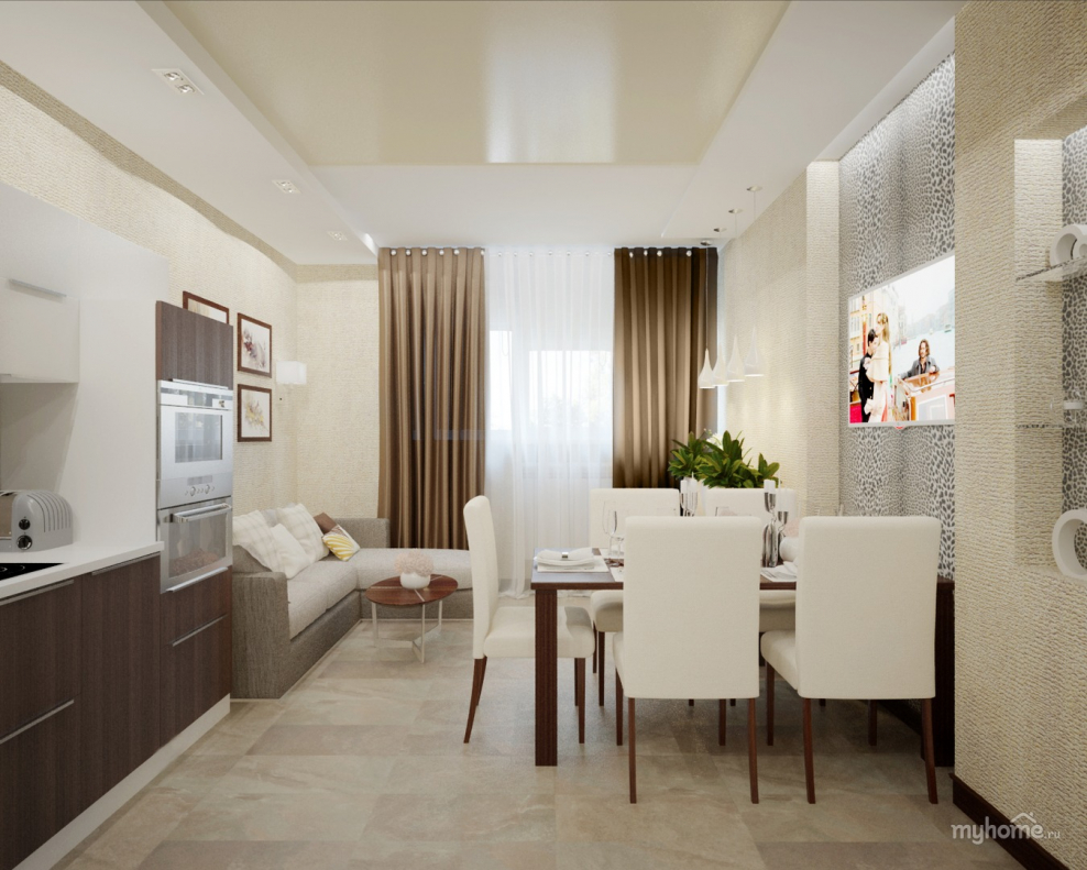 Прямоугольная кухня гостиная