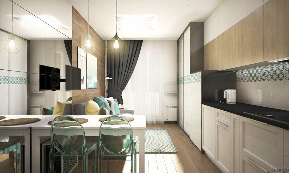 Узкая кухня-гостиная