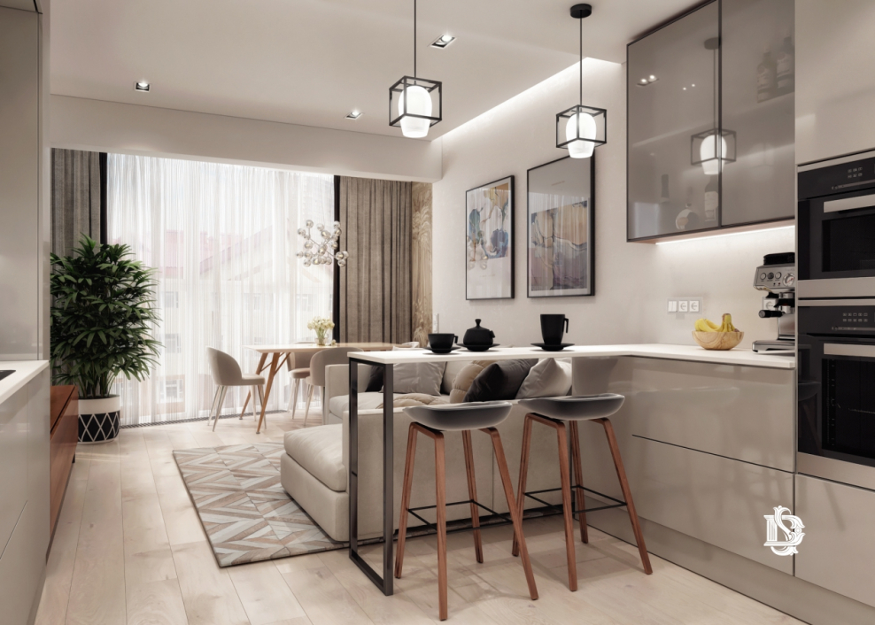 Интерьер кухни-гостиной прямоугольной формы