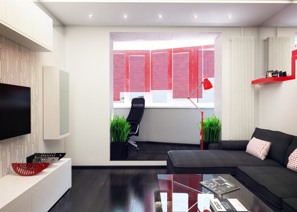 Зал с лоджией в стиле хайтек