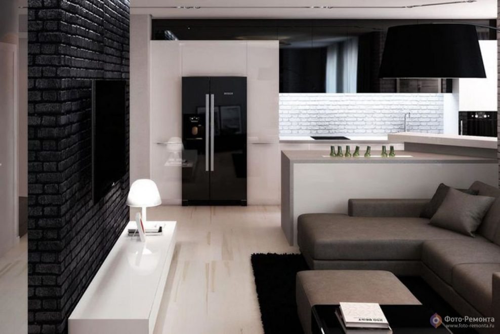 Кухня-гостиная 20 кв.м темная