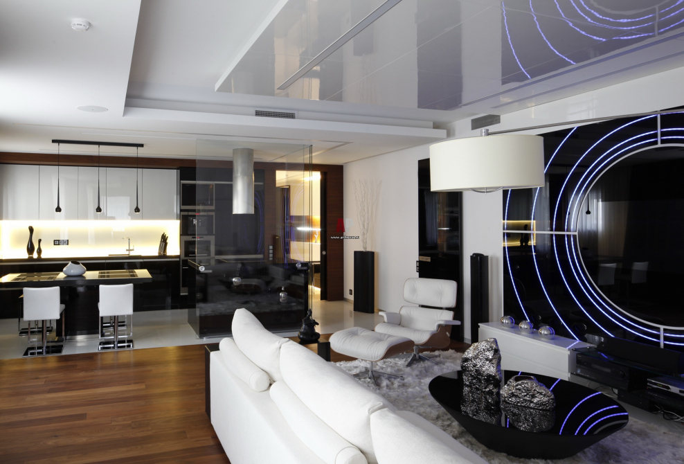 Гостиная с кухней футуристичном стиле