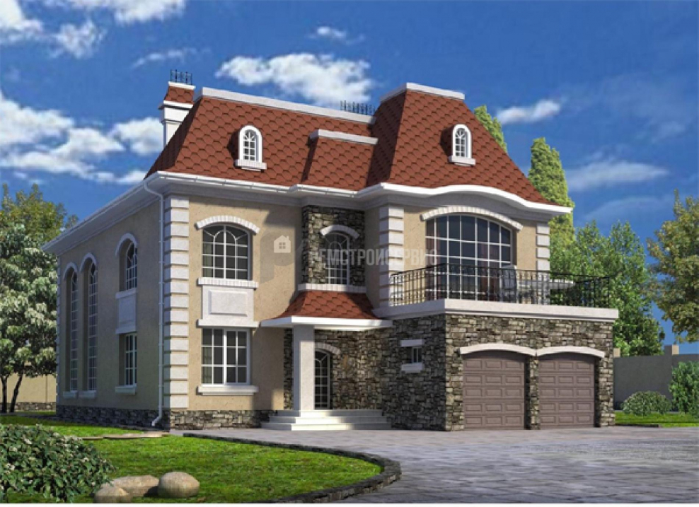 Кирпичный двухэтажный дом с гаражом в стиле замка