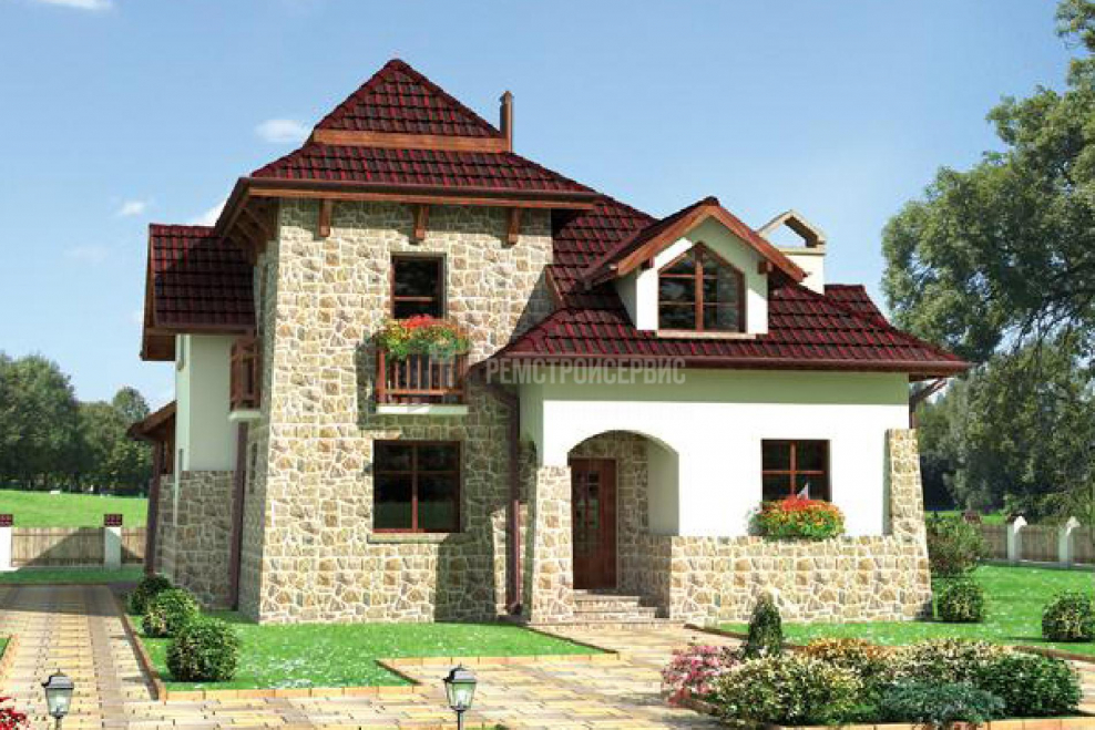 Одноэтажный дом с цокольным этажом и мансардой из кирпича