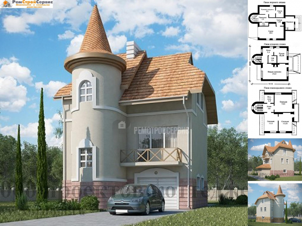 Кирпичный компактный дом с башенкой