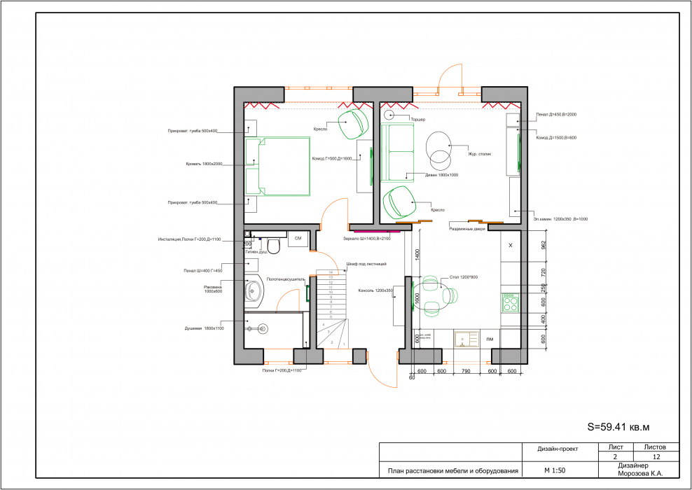 Развертка стен с расстановкой мебели