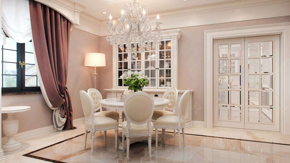 Столовая в классическом стиле в светлых тонах