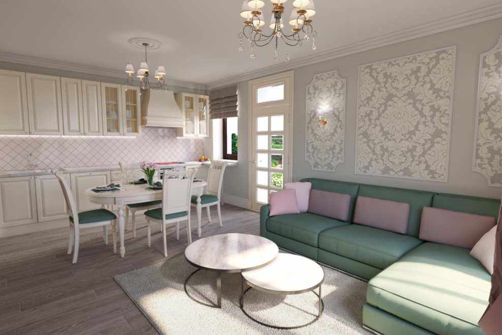 Интерьер гостиной столовой светлый