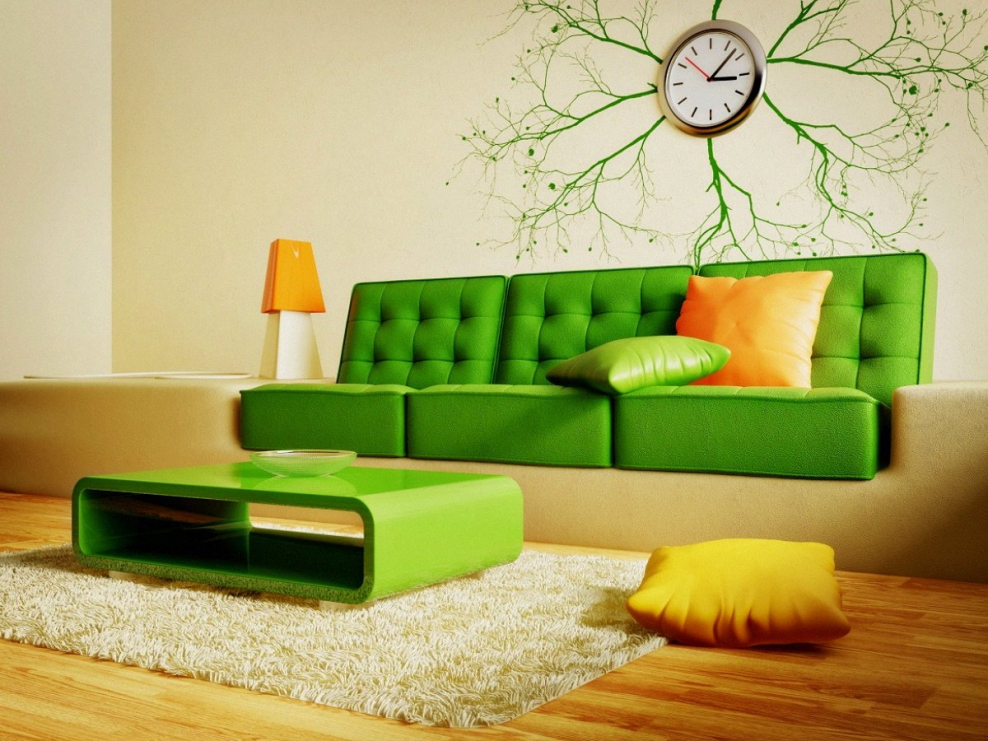Зеленый диван в интерьере