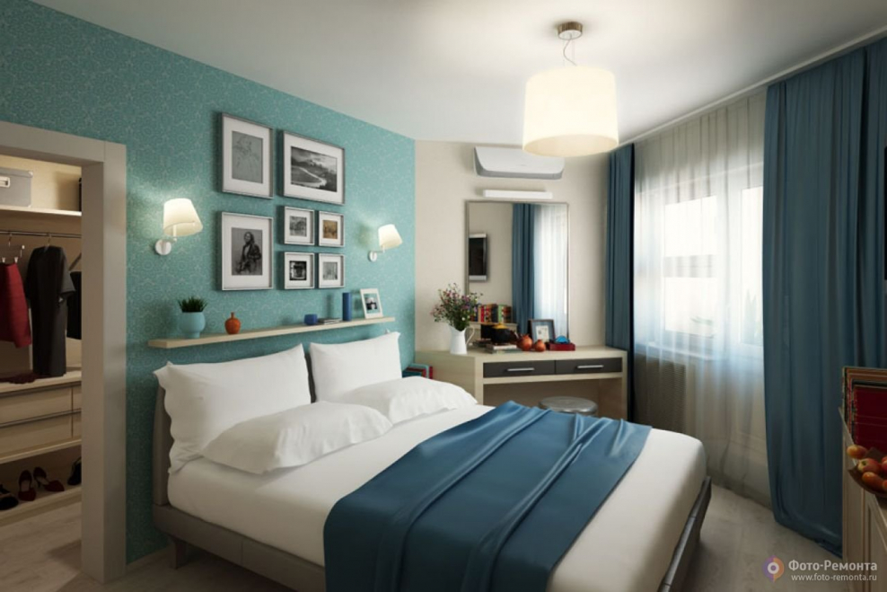 Спальня 10 кв в бирюзовых тонах