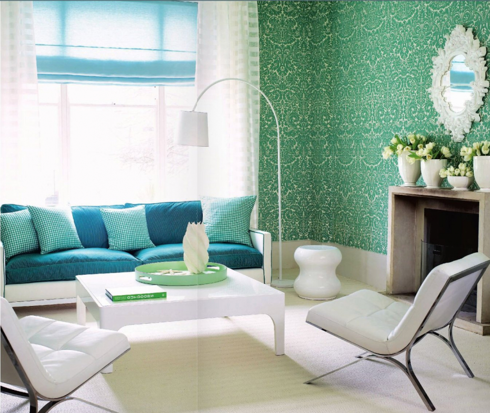 Сине зеленый и белый цвета в интерьере