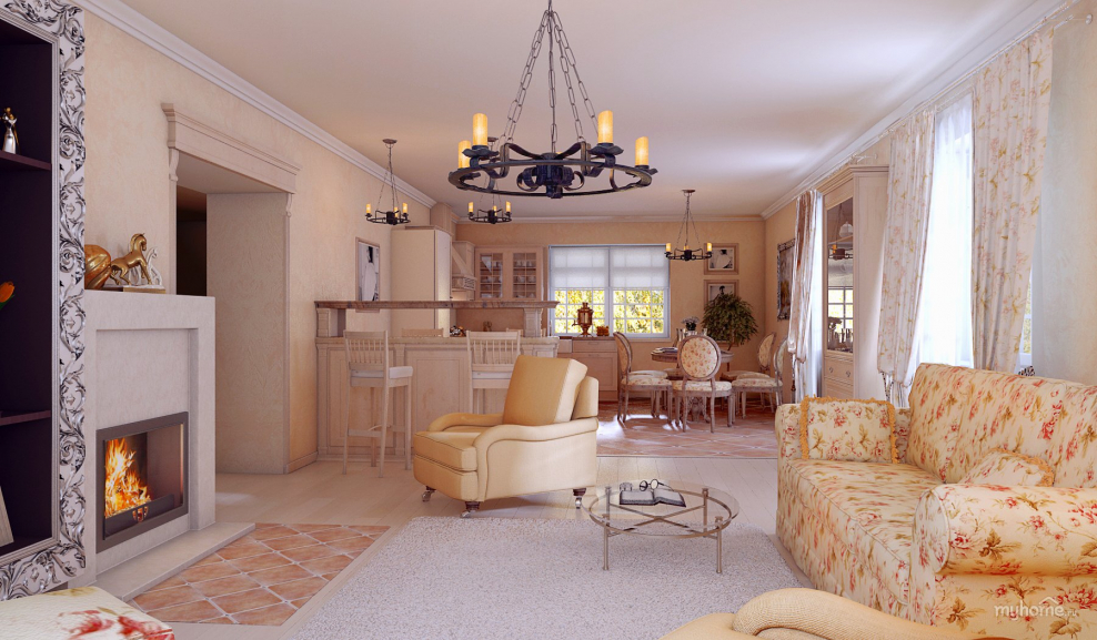 Кухня гостиная в стиле Прованс с камином