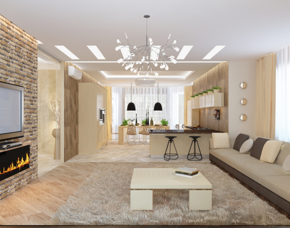 Кухня-гостиная с камином в частном доме