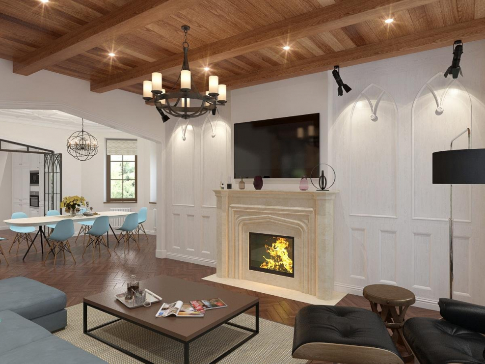 Гостиная лофт с камином