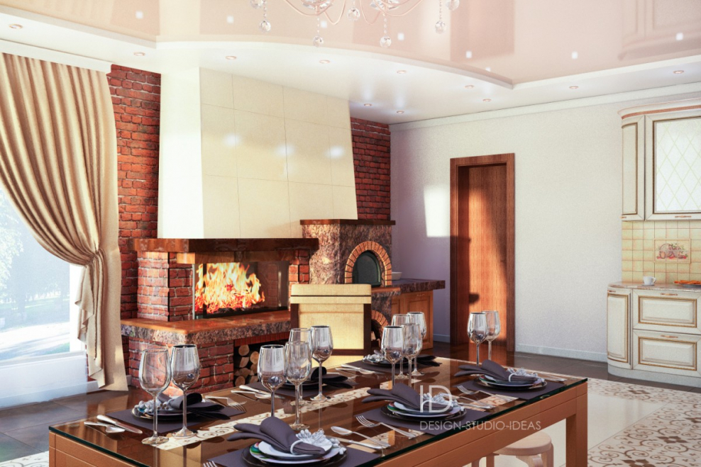 Кухня в классическом стиле с камином