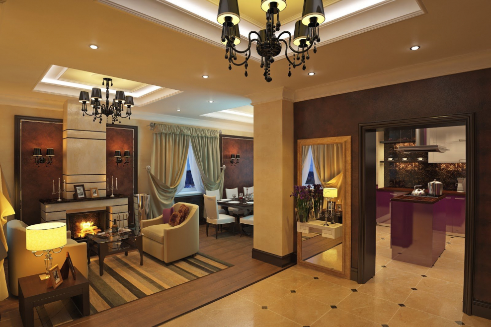 Гостиная столовая в загородном доме