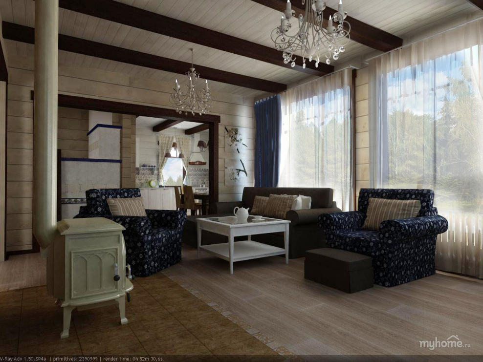 Гостиная в коричневых тонах в деревянном доме