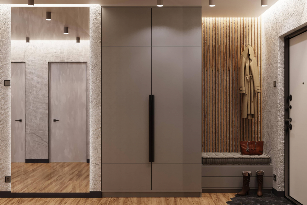 Прихожая с рейками и подвесной тумбой