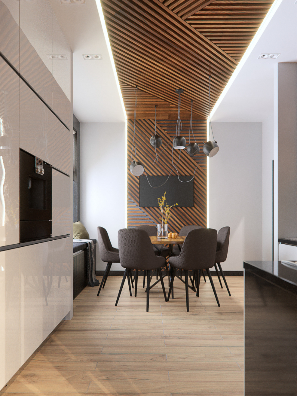 Рейки на стене в интерьере кухни