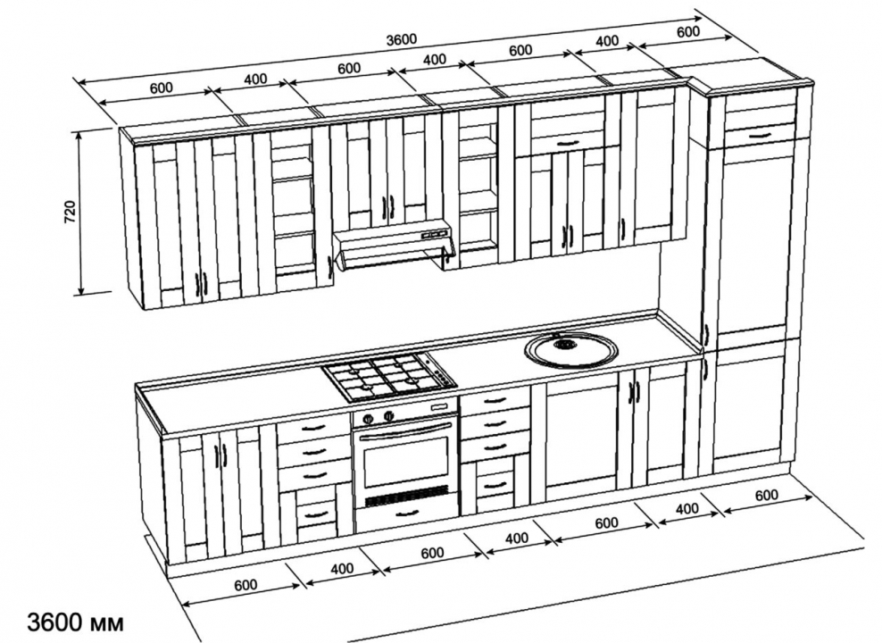 Проект прямой кухни с размерами