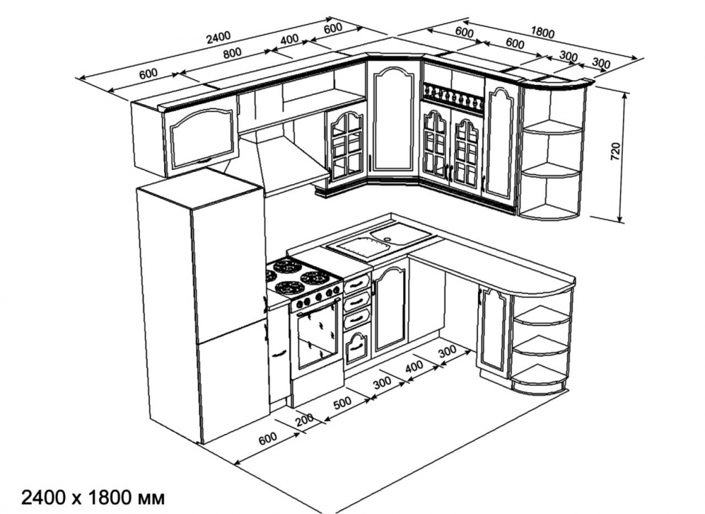 Кухонный мебель угловой 210х200 чертеж с размерами