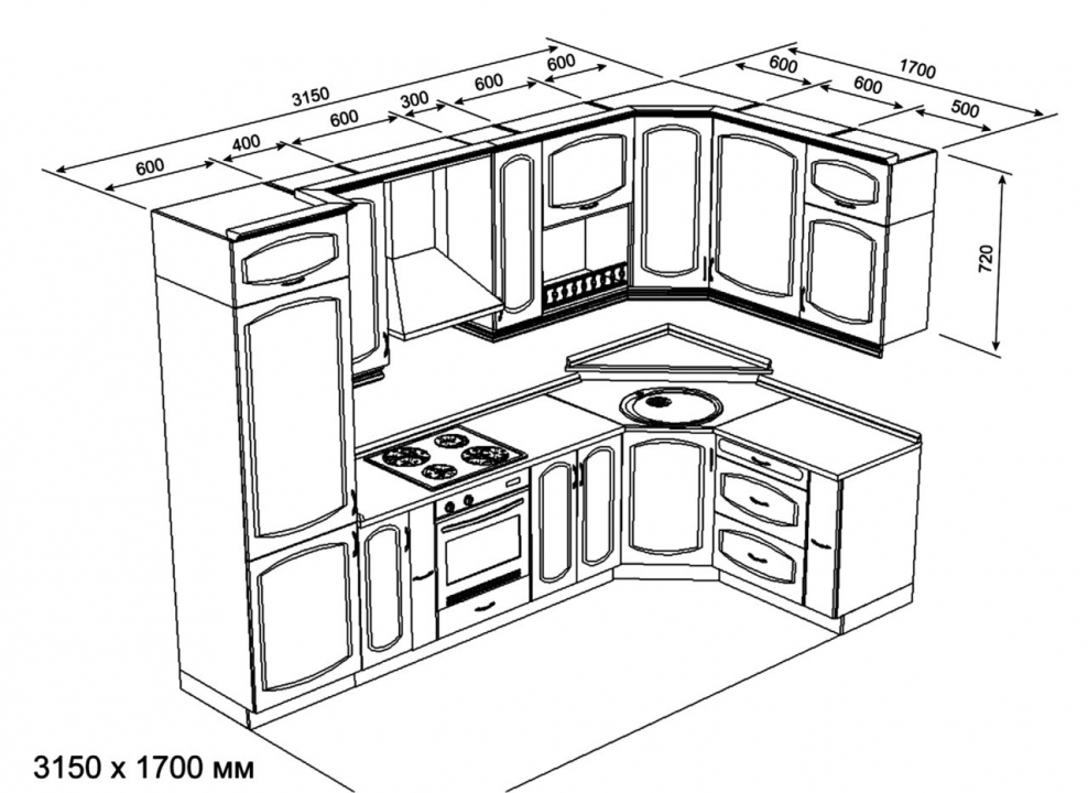 Угловая кухня чертеж