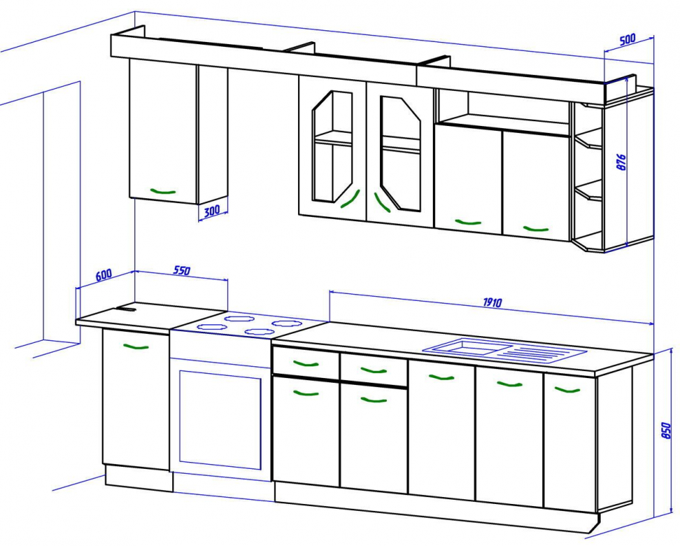 Линейная кухня чертеж