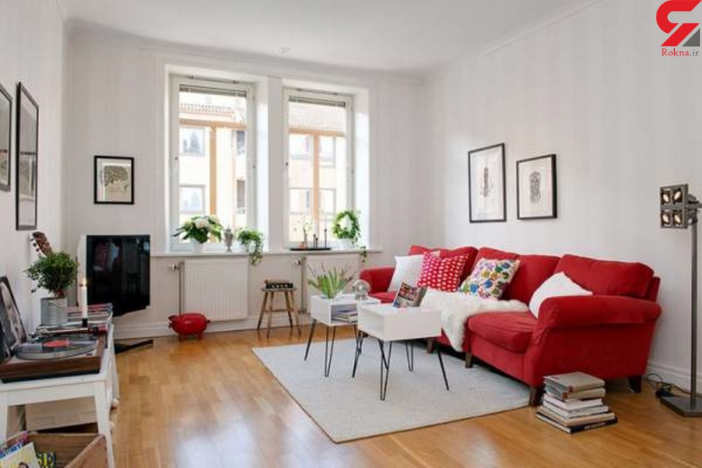 Гостиная с красным диваном стиль Скандинавский