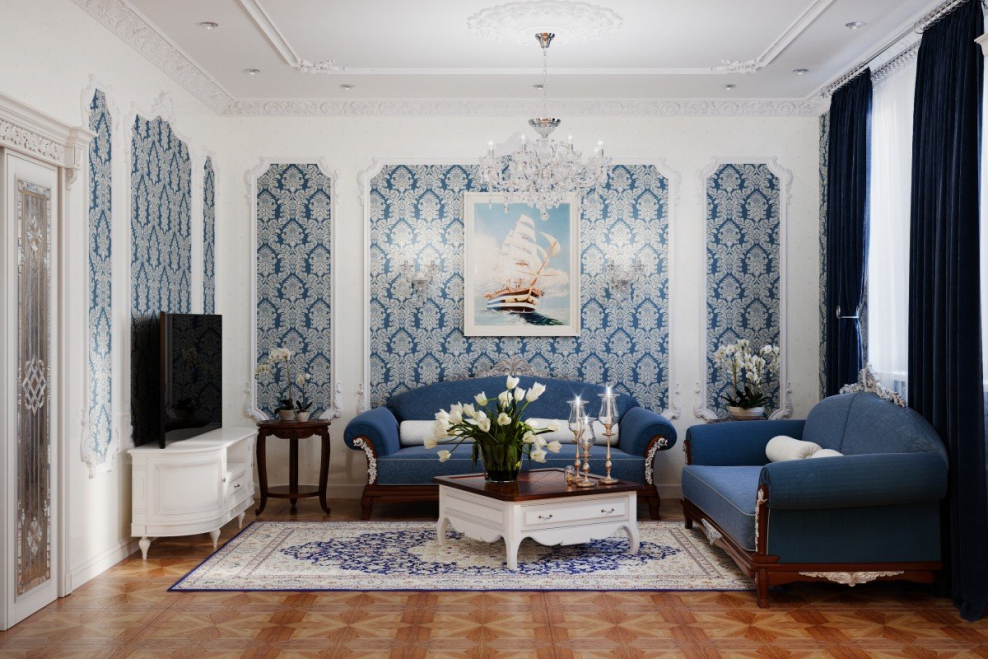 Классическая гостиная в голубых тонах
