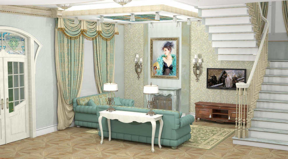 Интерьер в бирюзовых тонах гостиная в классическом стиле