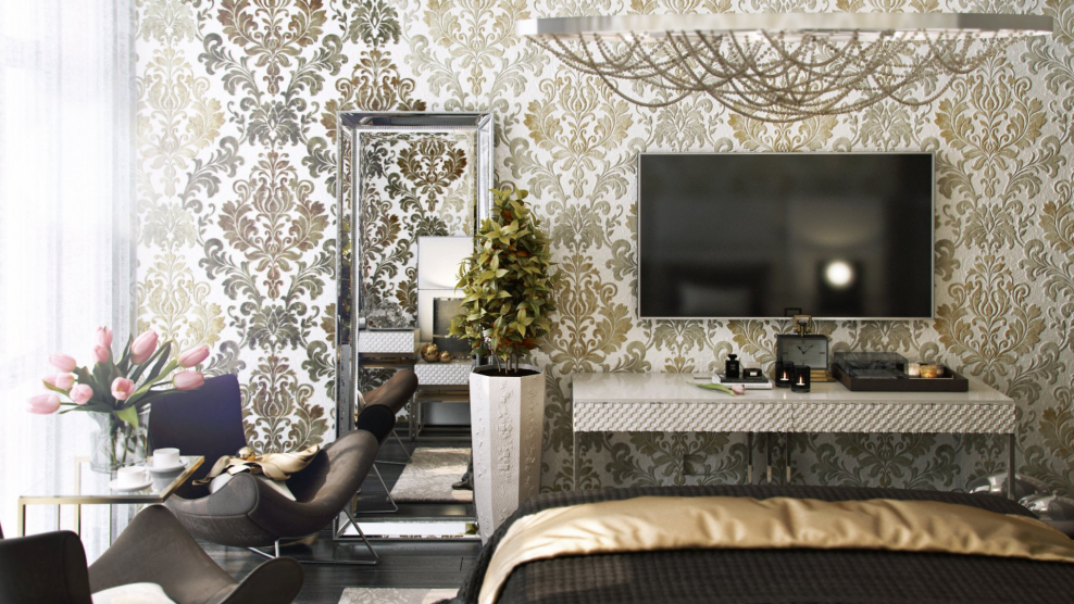 Обои с вензелями в интерьере