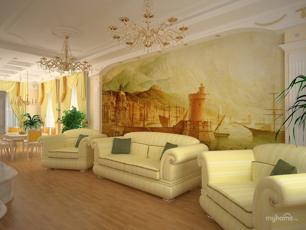 Фрески в интерьере гостиной в бежевых тонах