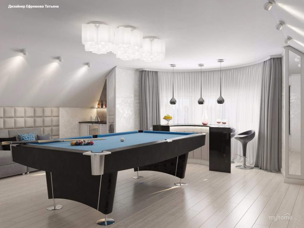 Современные гостиная -бильярдная на мансарде