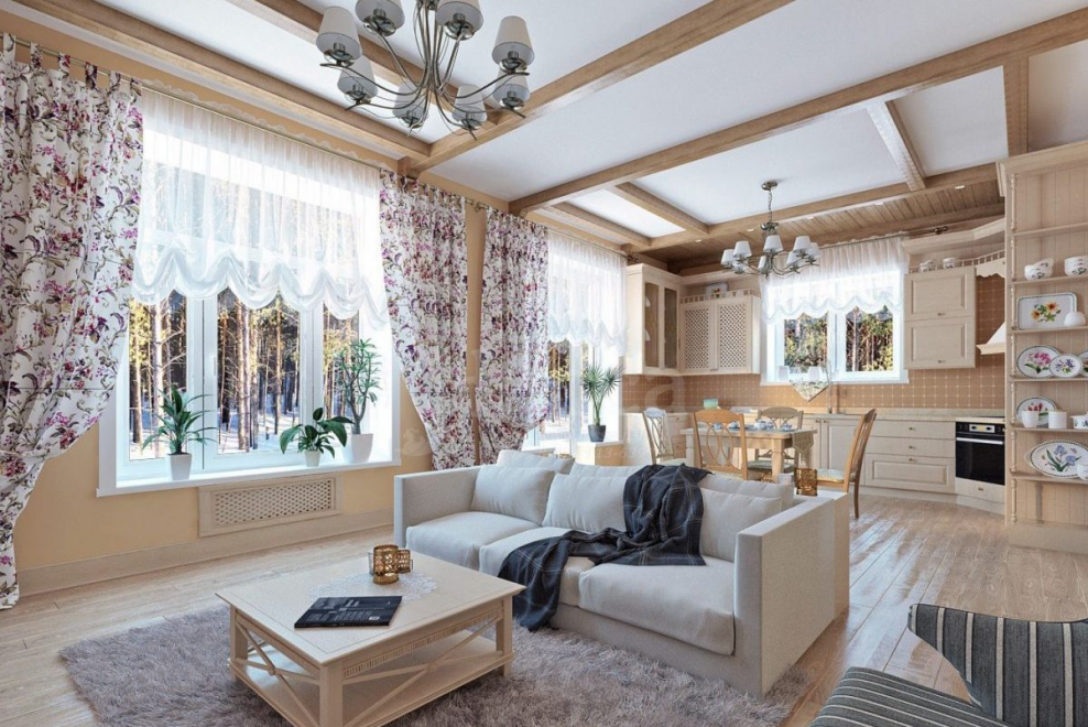 Гостиная Прованс Кантри в бревенчатом доме