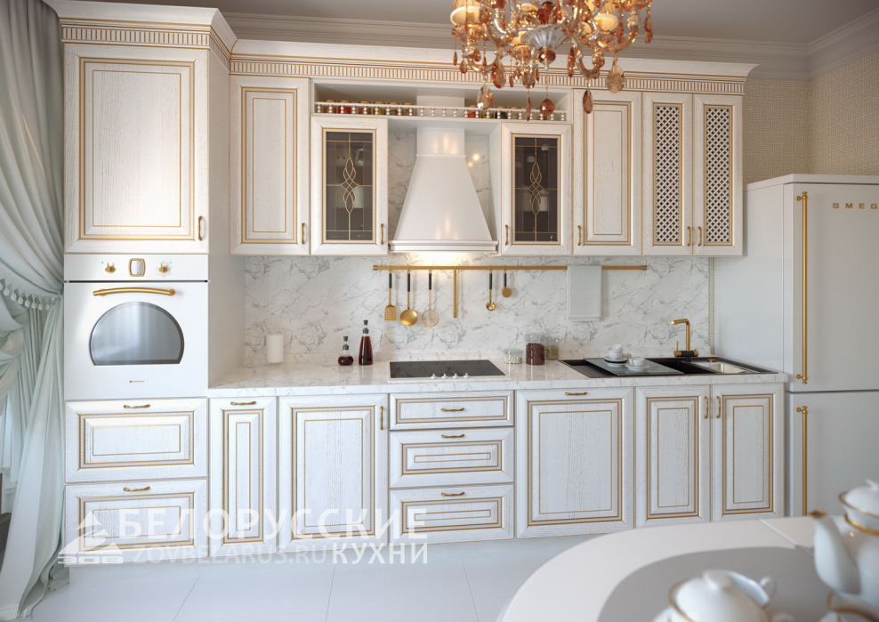Кухня белая классика с золотой патиной фабрика Бор
