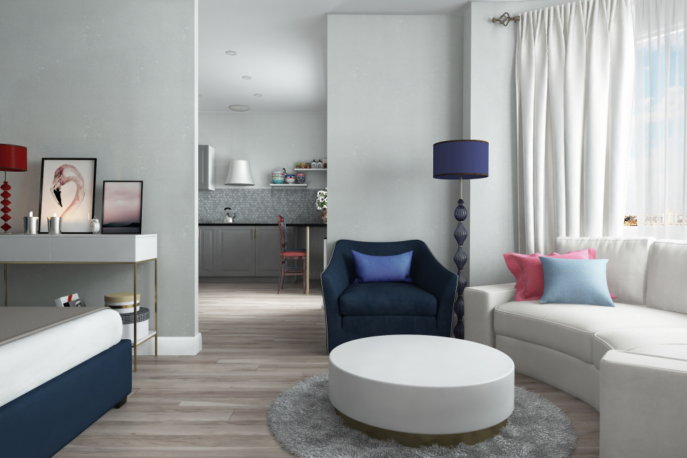 Интерьер однокомнатной квартиры 40 кв.м с эркером