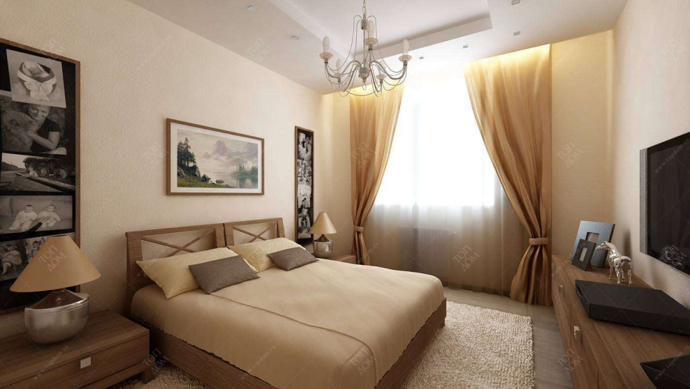 Дизайн спальни 13 кв. м в бежевых тонах окно справа