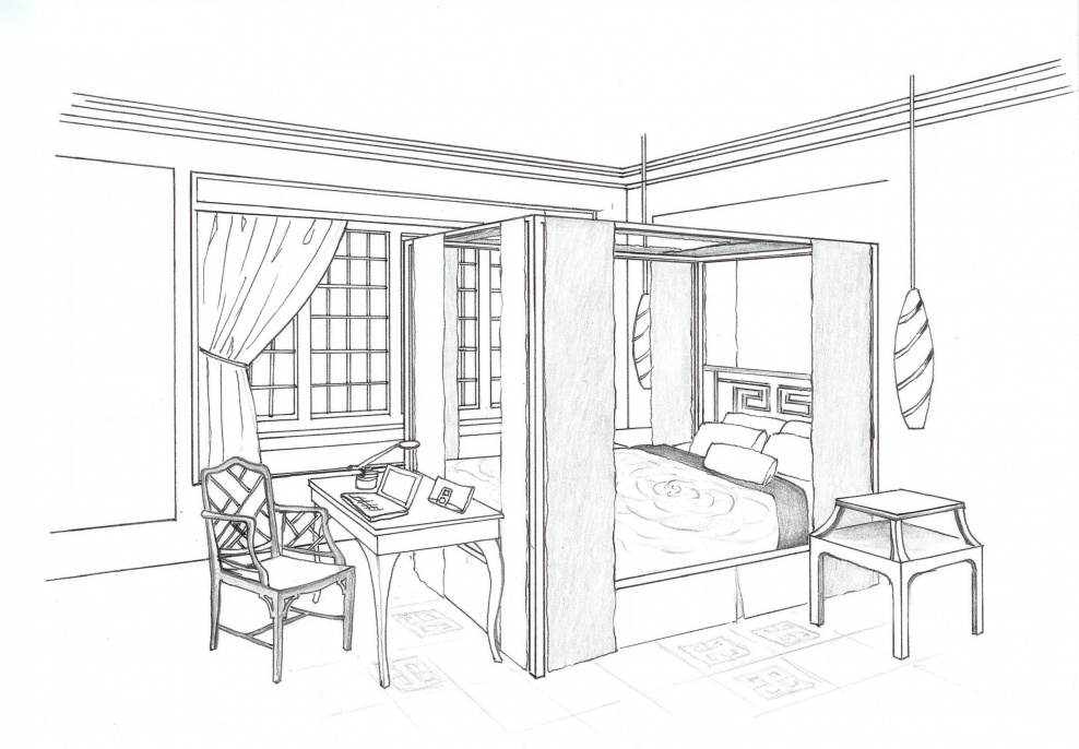 Эскиз интерьера спальни черно белый