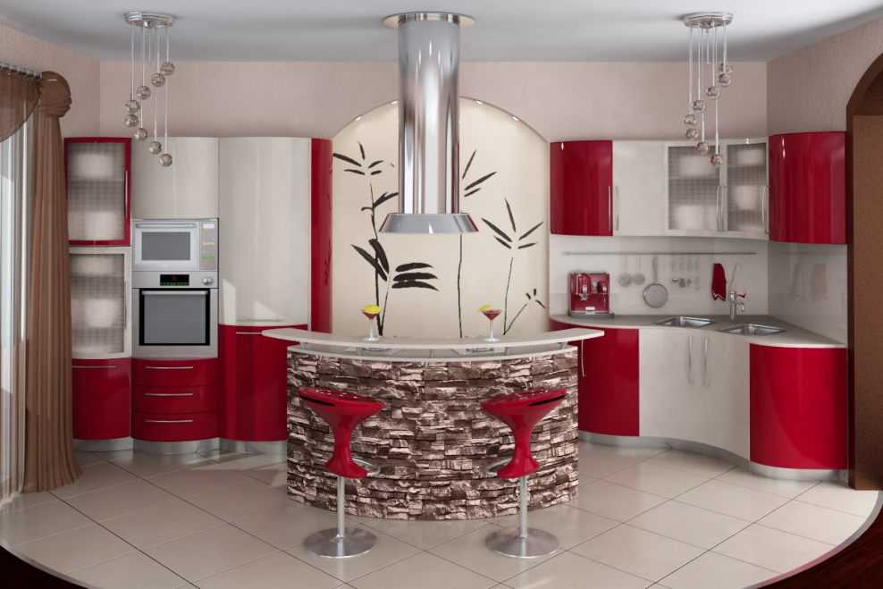 Красивый интерьер с красной кухней