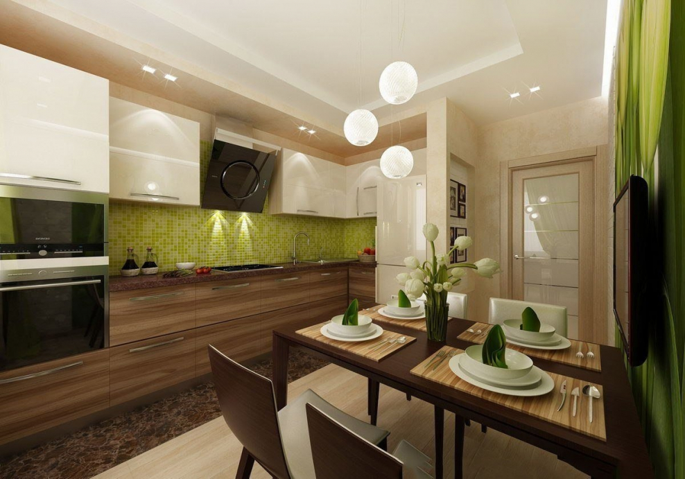Кухня в бежево-зеленых тонах