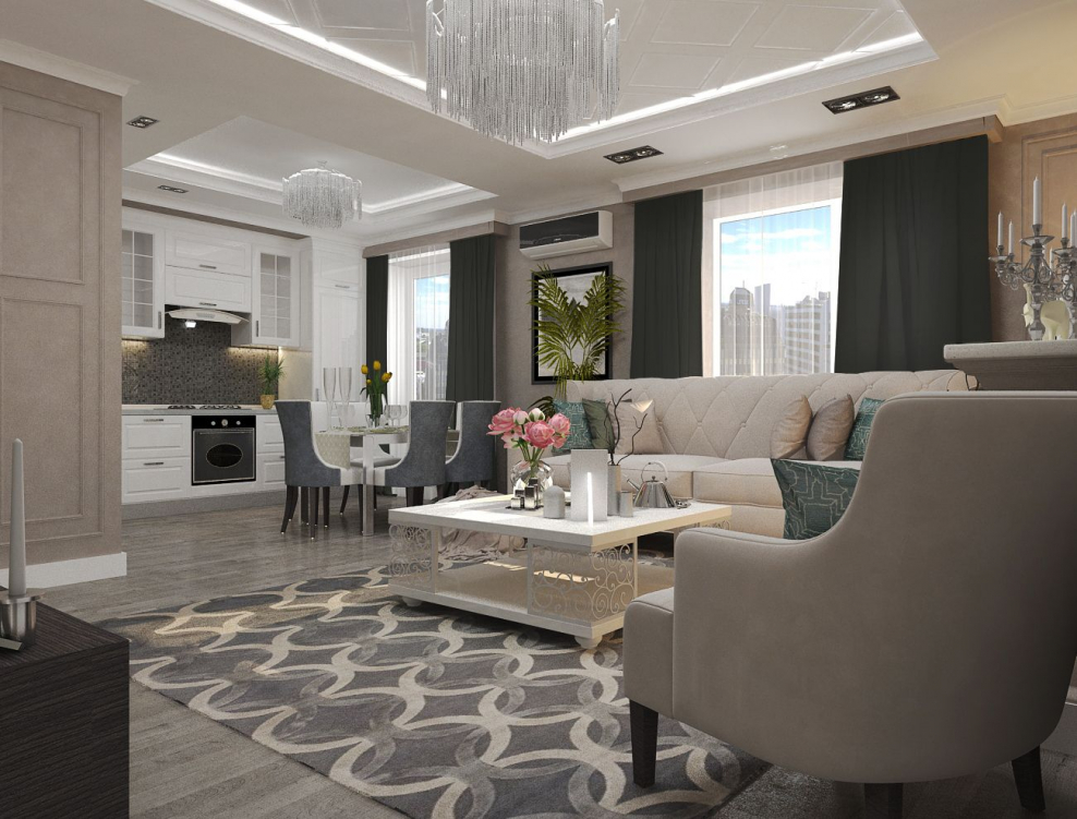 Потолок в кухне-гостиной Неоклассика