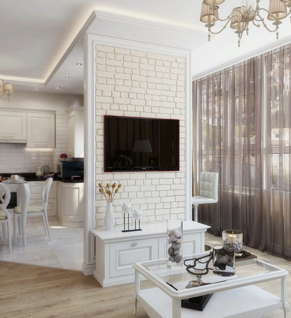 Кухня гостиная белая Неоклассика