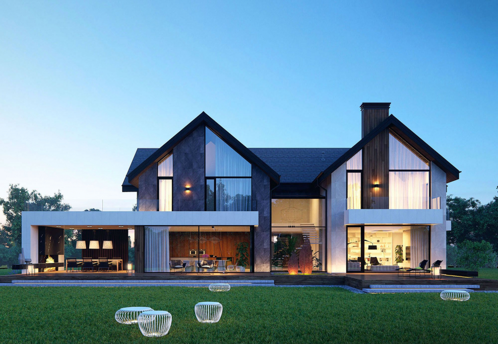 Современный дом с двускатной крышей