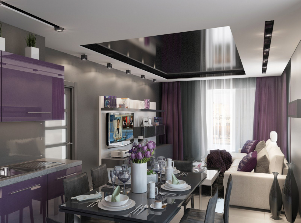 Фиолетовая кухня гостиная