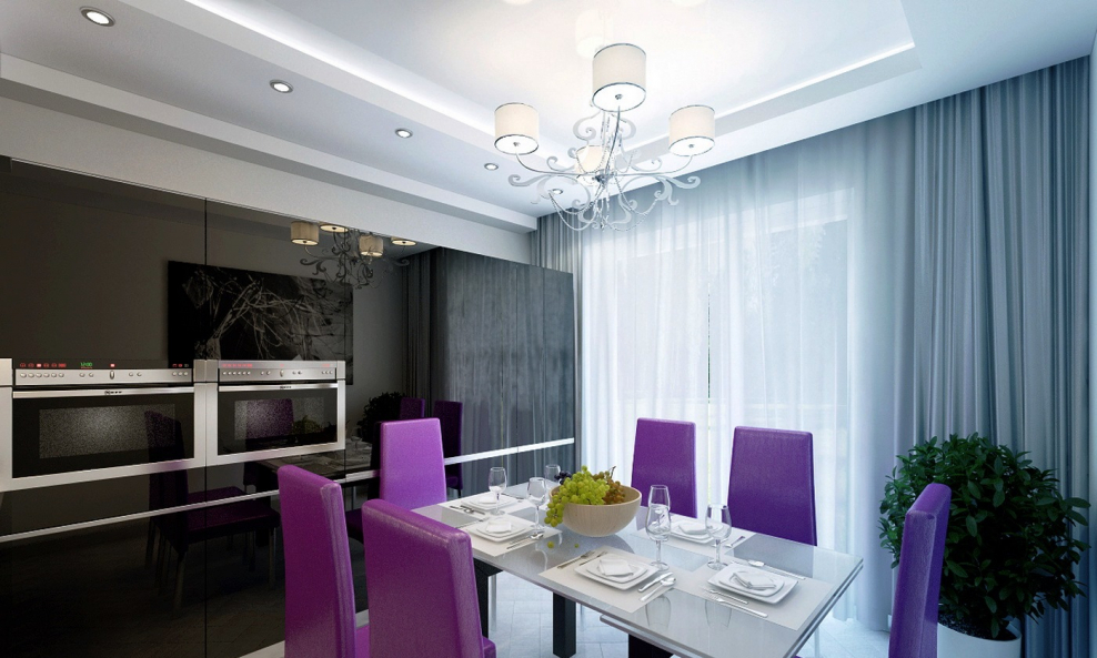 Кухня гостиная в бело сиреневых тонах