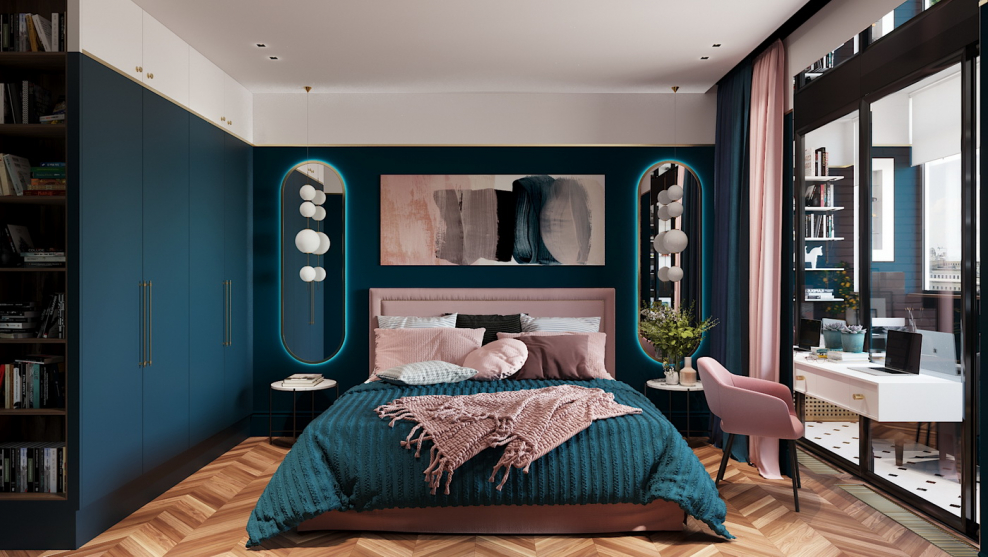 Изумрудно пудровая спальня