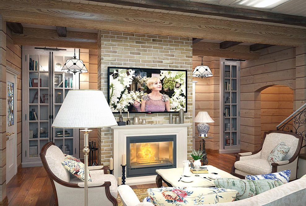 Дачная гостиная с камином